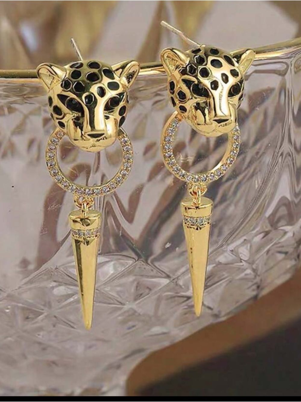 New! Gold & Black Tiger Leopard Cheetah Head Rhinestone Drop Circle Earrings